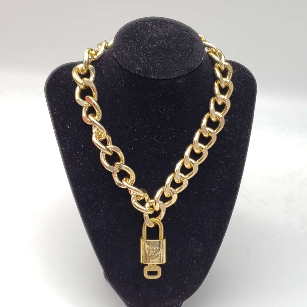 Authentic Louis Vuitton Lock & Key w/ Unbranded Cuban Style Plated Chain 100525